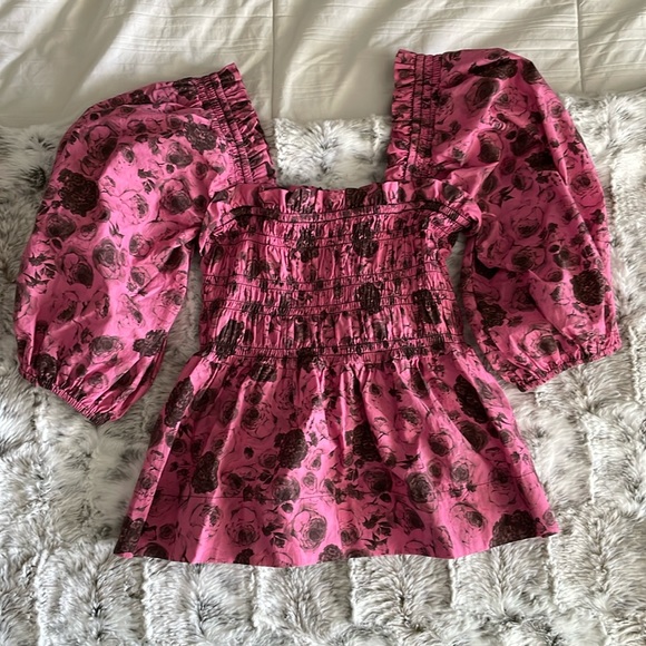 Ganni Tops - Ganni Floral Printed Pink Cotton Poplin Blouse